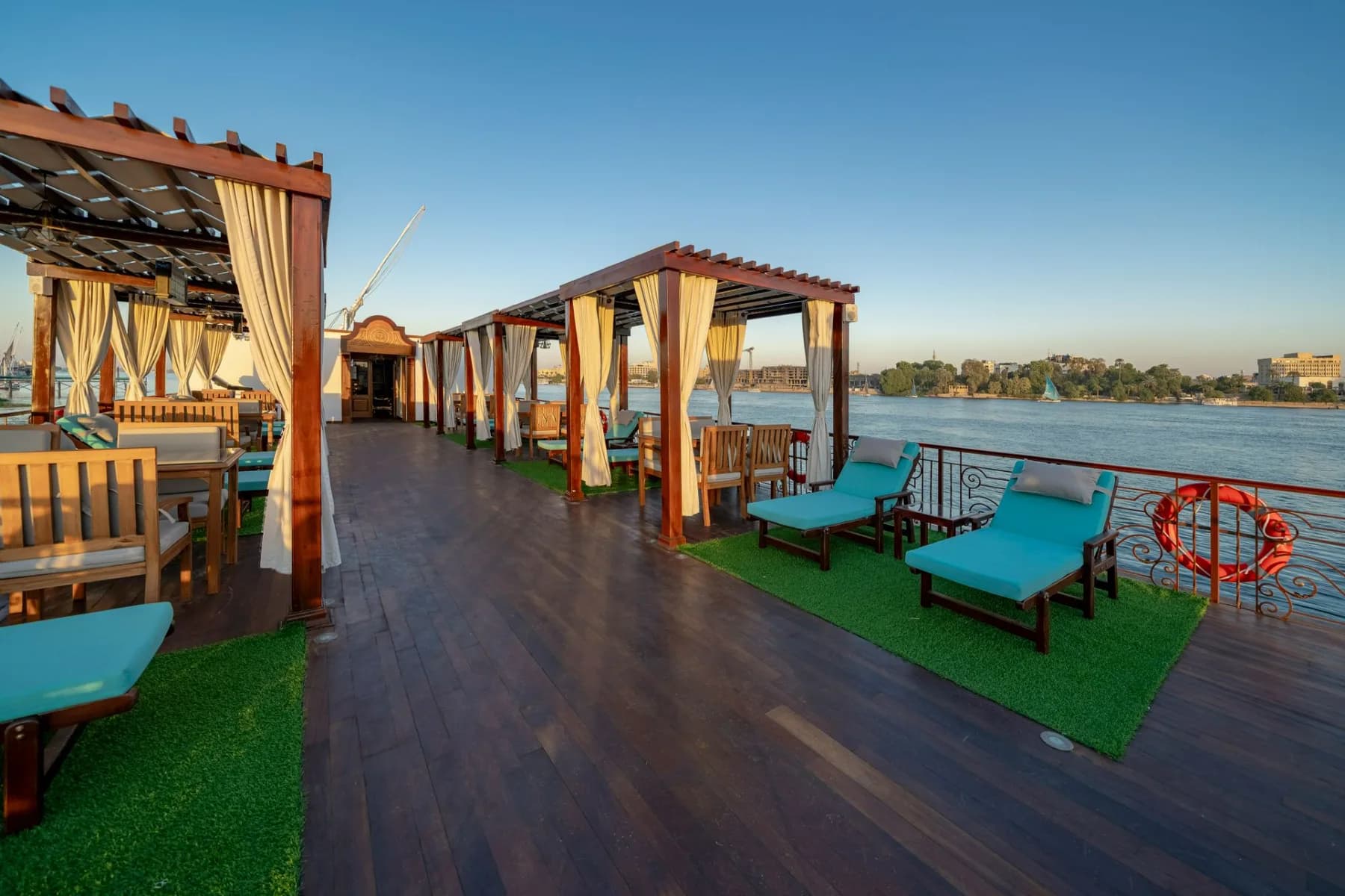 Farida dahabiya sun deck: loungers, pergolas, artificial turf