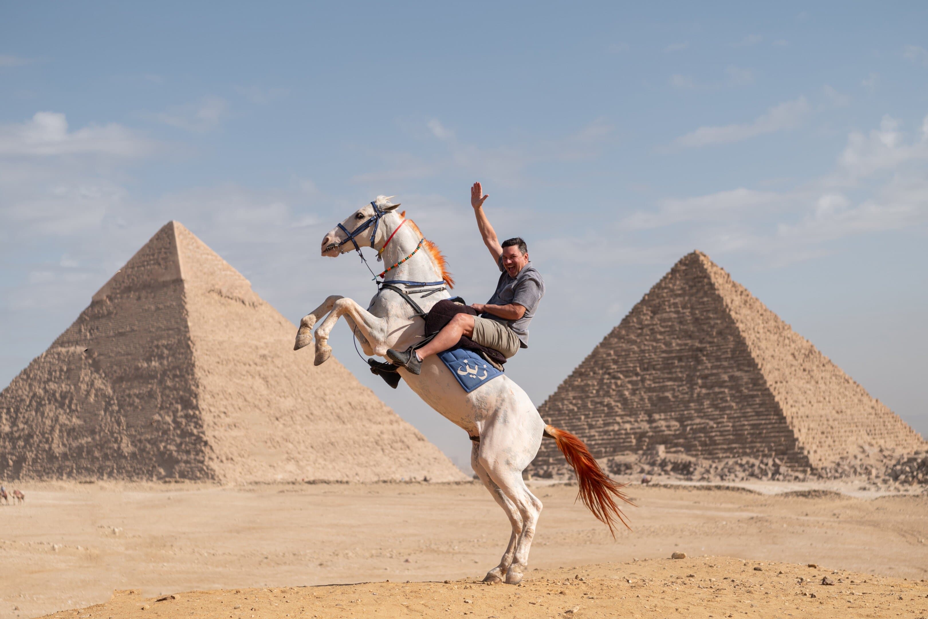 Giza pyramids jumping horse photoshoot