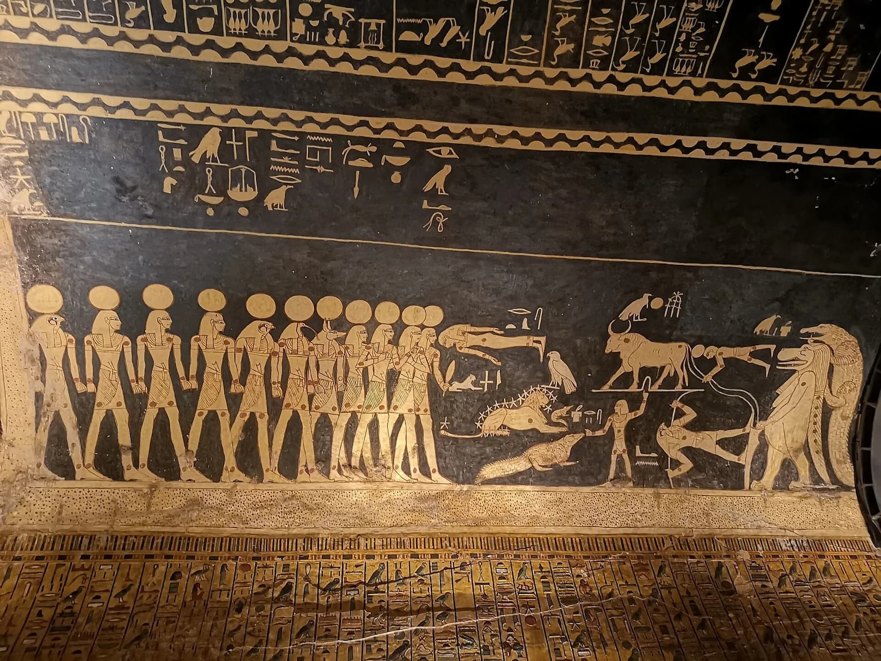 Tomb of Seti I (KV17), astronomical vaulted ceiling of the burial chamber with constellation figures on a dark ground