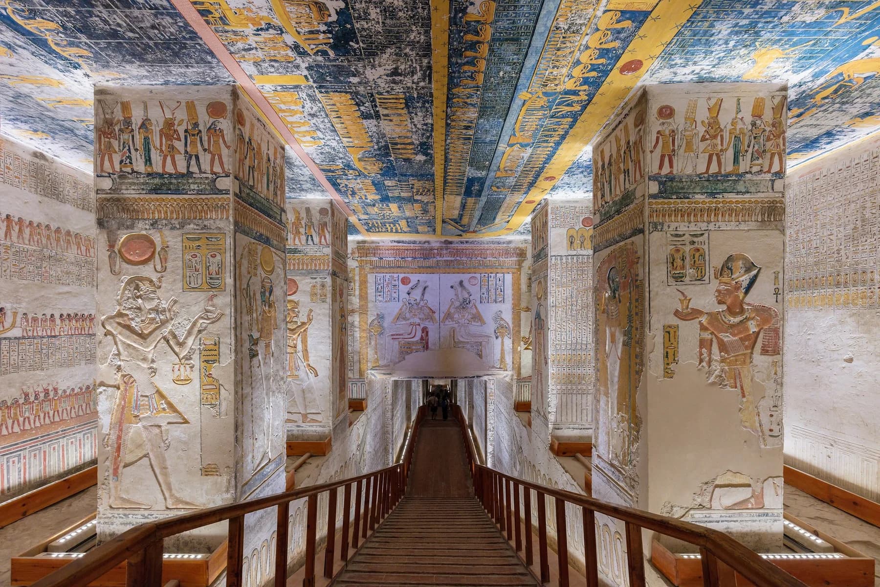 Tomb of Ramesses V and VI (KV9), view down the painted corridor with pillars and the blue and gold astronomical ceiling