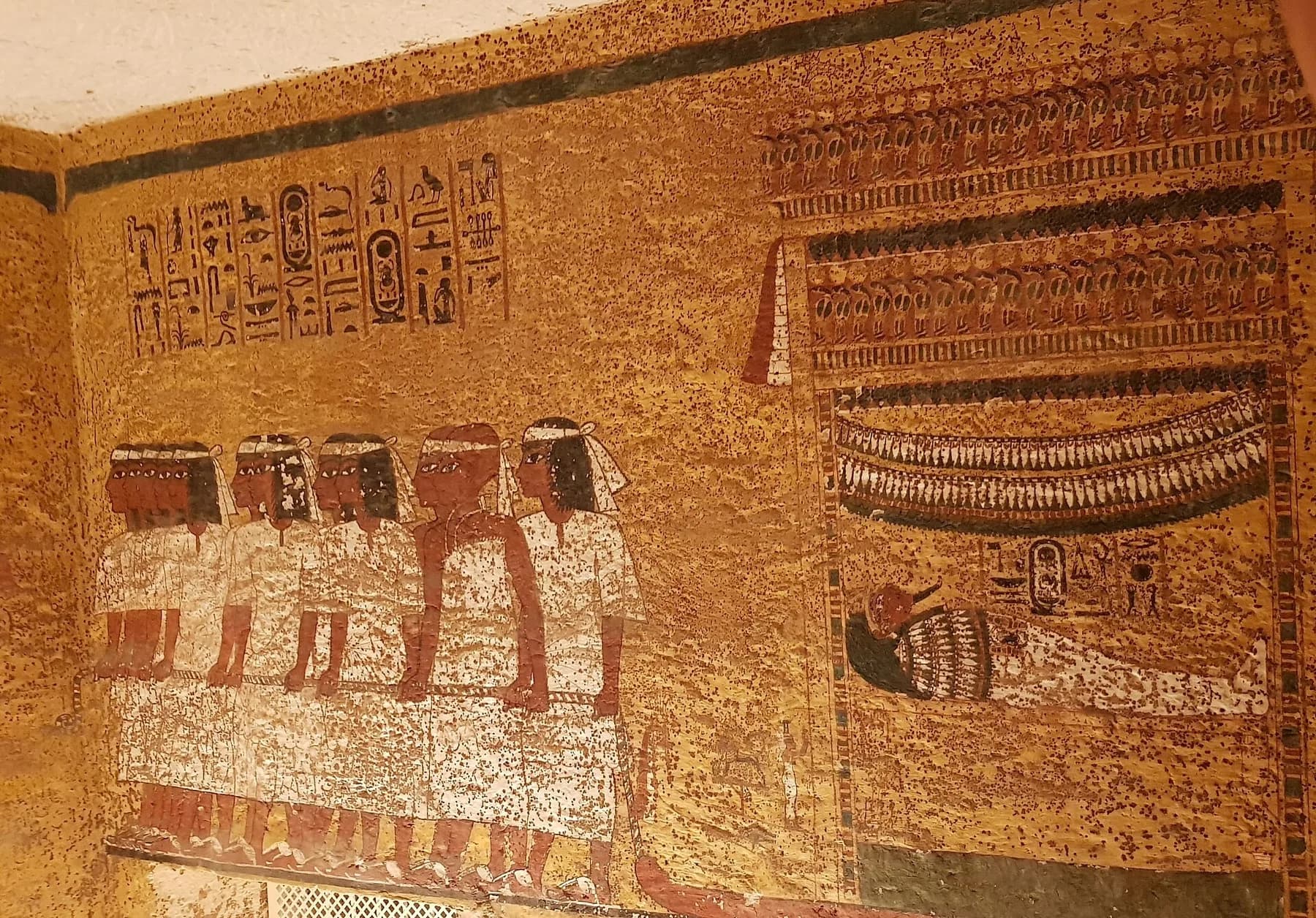 Tomb of Tutankhamun (KV62), painted east wall of the burial chamber showing the funeral procession dragging the king's shrine