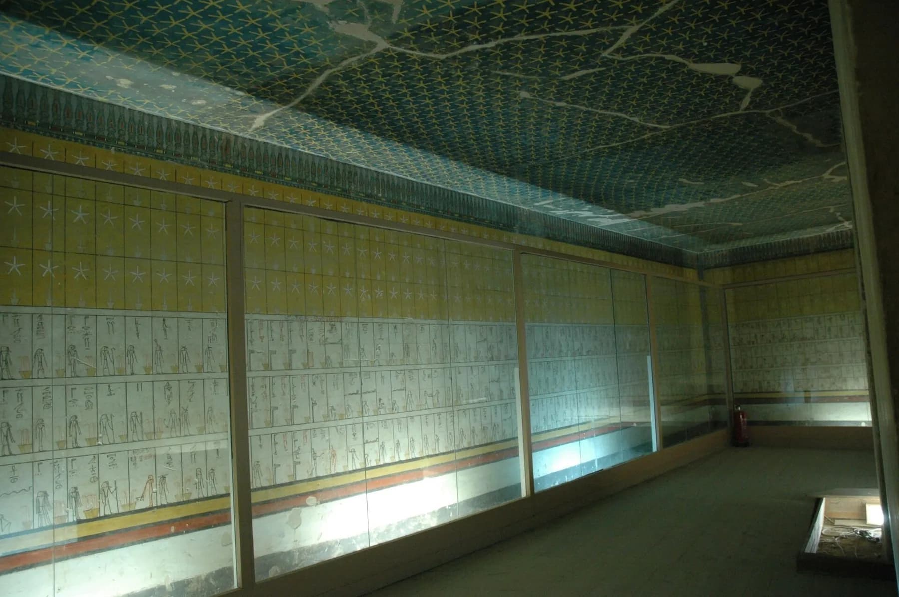 Tomb of Thutmose III (KV34), oval burial chamber with the Amduat painted in stick-figure style under a starry ceiling