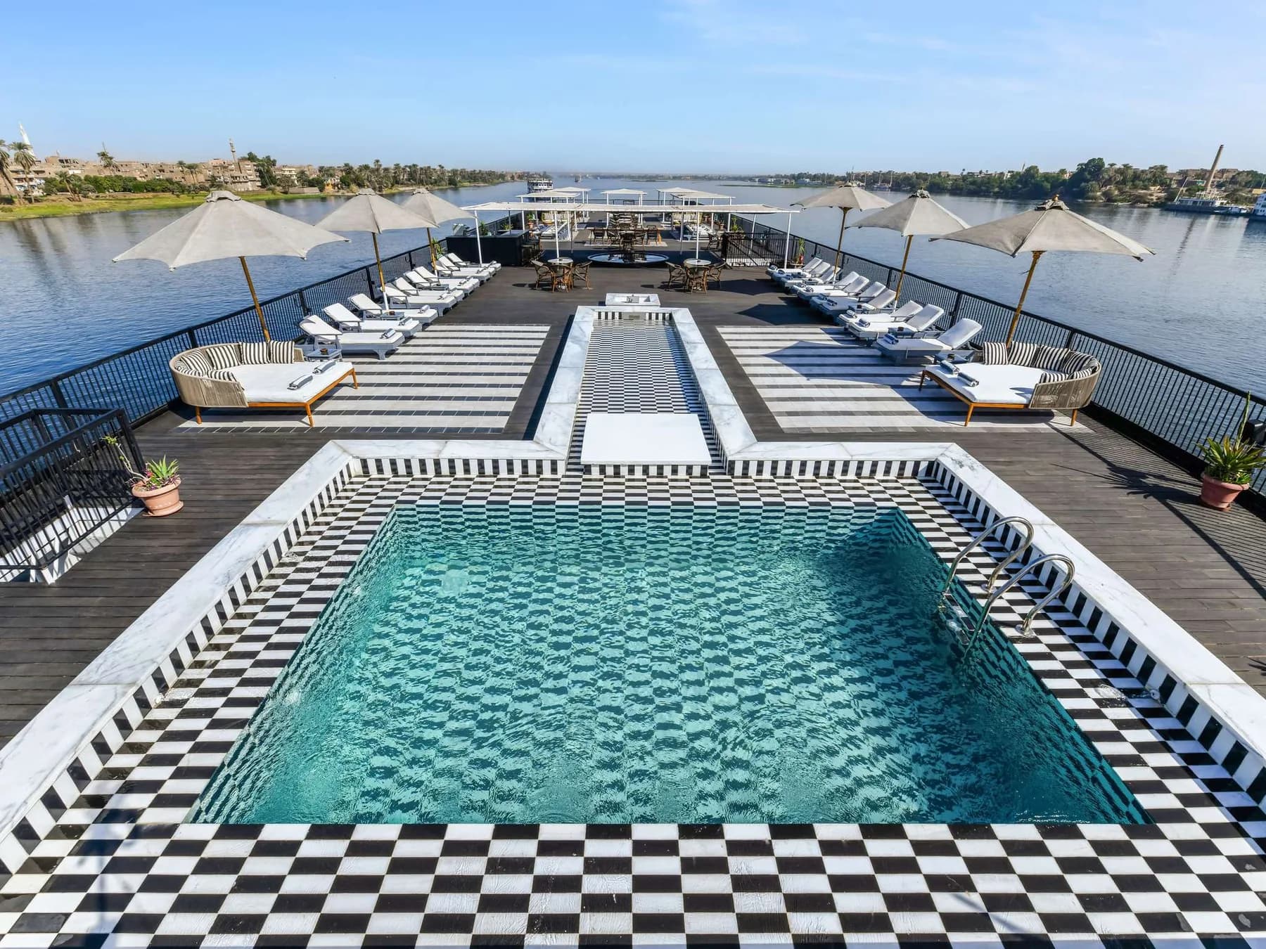 Sun deck pool and loungers seen from above