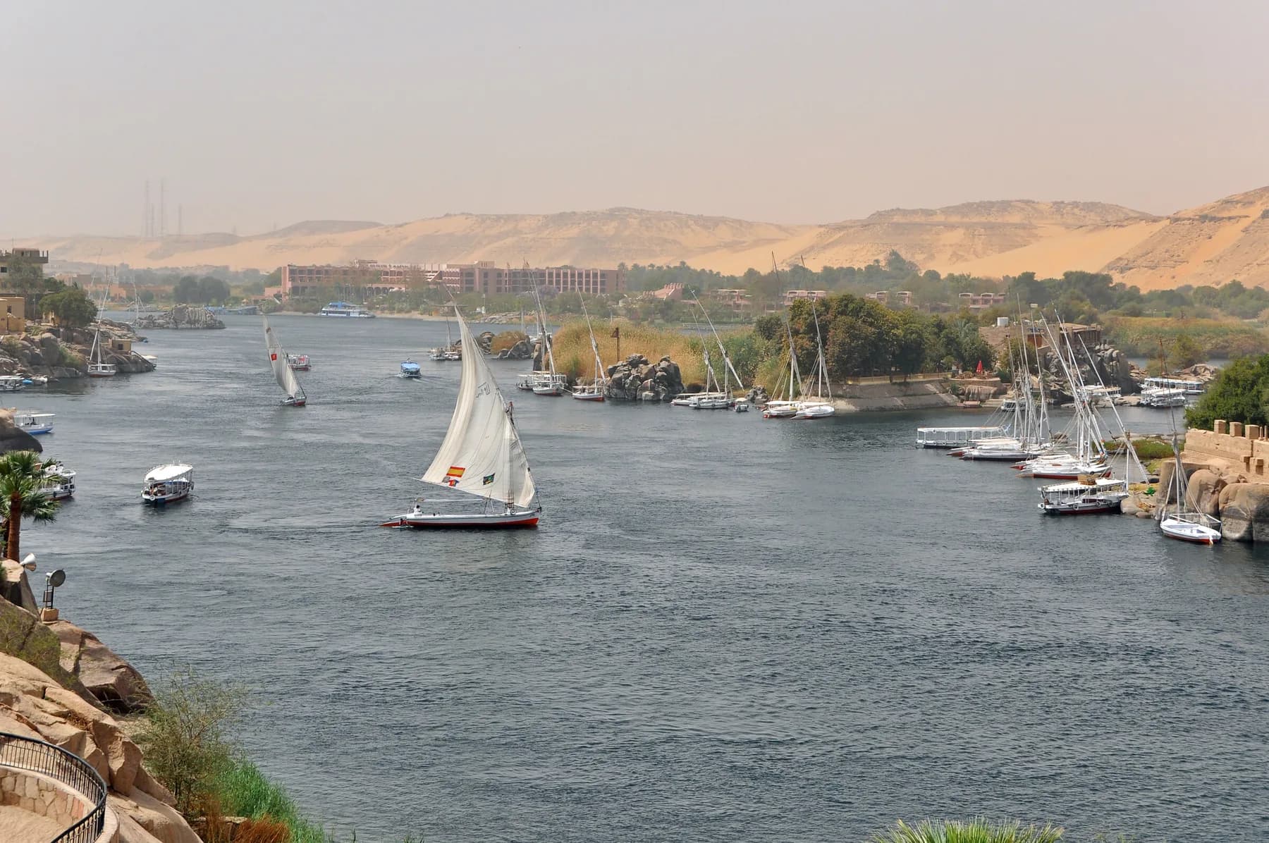 Felucca sailing at Aswan, dunes of the West Bank behind, soft hazy light