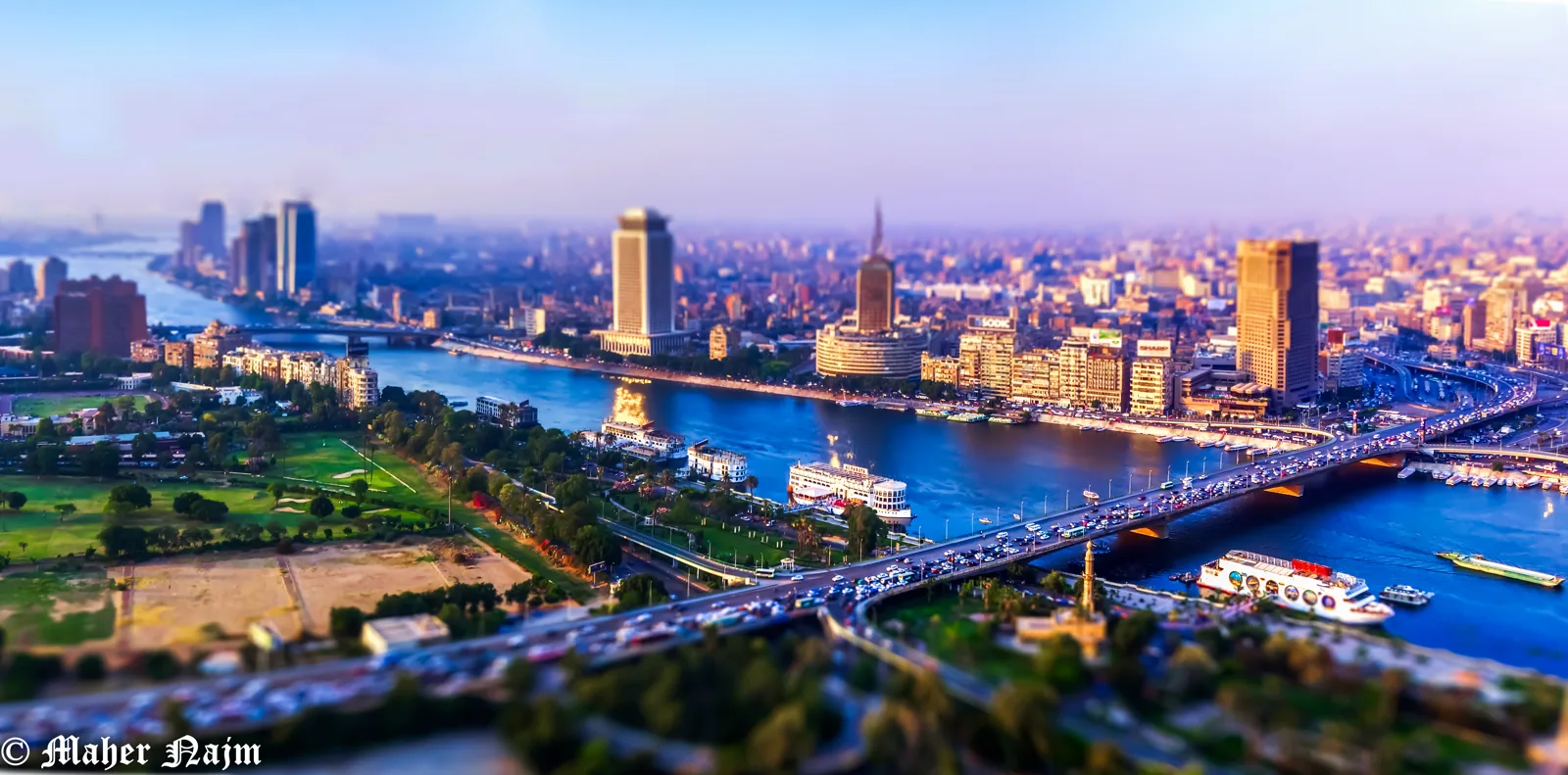 An aerial view over central Cairo and the Nile with its bridges